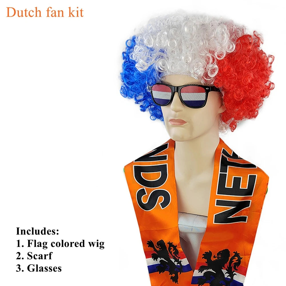 National Flag Color Explosion Wig Set - طقم باروكة مشجعين بألوان الأعلام مع وشاح ونظارات