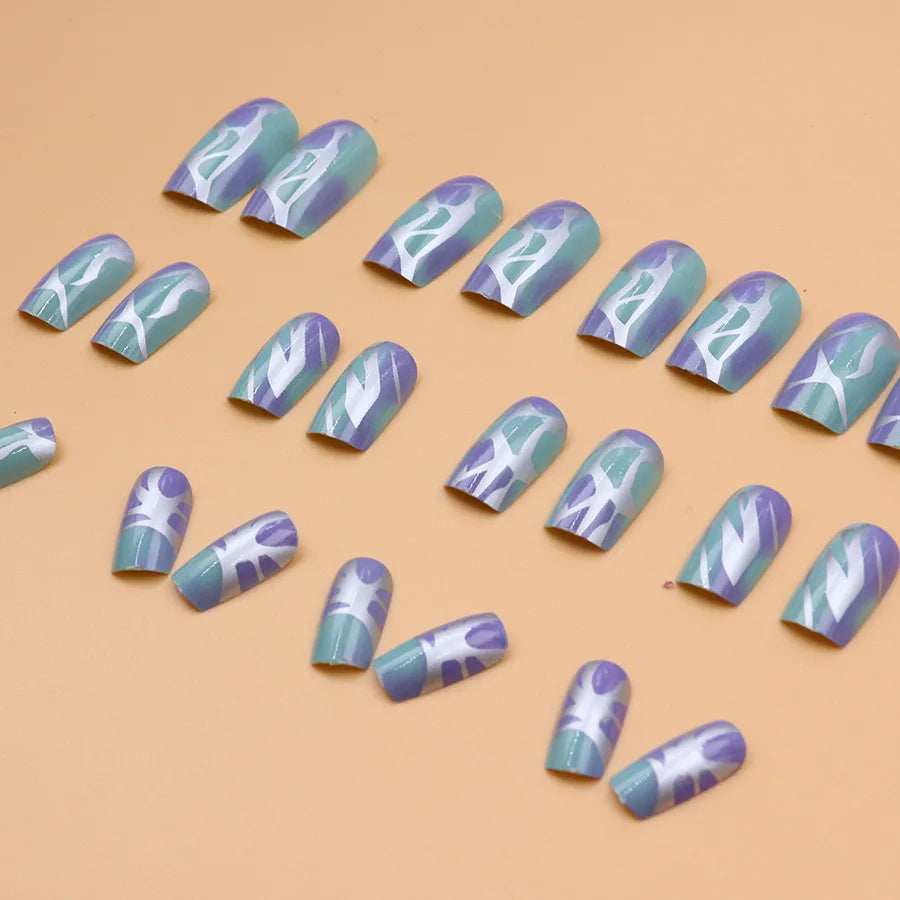 Short Medium fake nails glossy Y2K gradient green purple silver pink white golden geometric reusable ABS Artificial nails kit