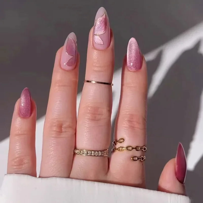 24Pcs Purple Flower Stiletto Round Head Press on Nails False Nails Almond Fake Nails French Wearable Full Cover Nail Tips