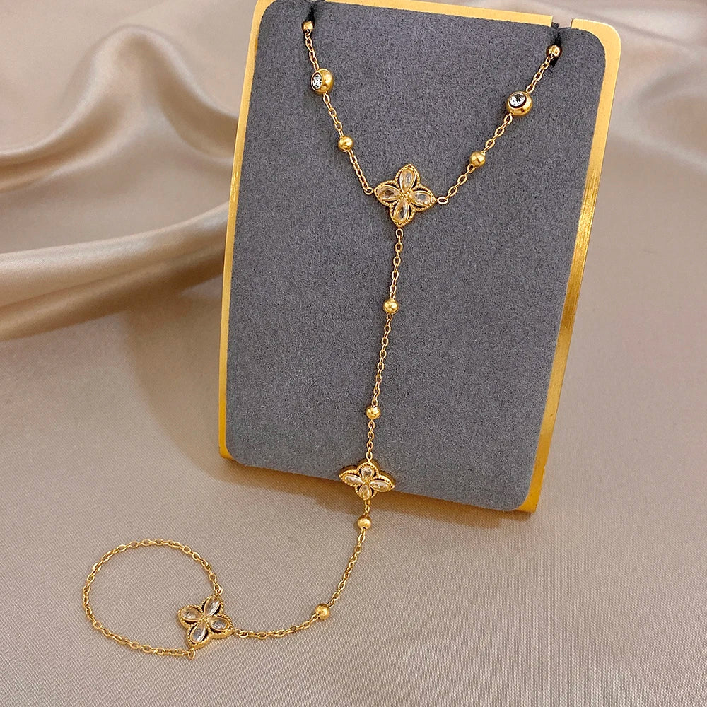 New Trendy Stainless Steel Zircon Flower Back of Hand Chain Finger Bracelet Fashion Chic Sexy Jewelry Waterproof Wholesale Gift