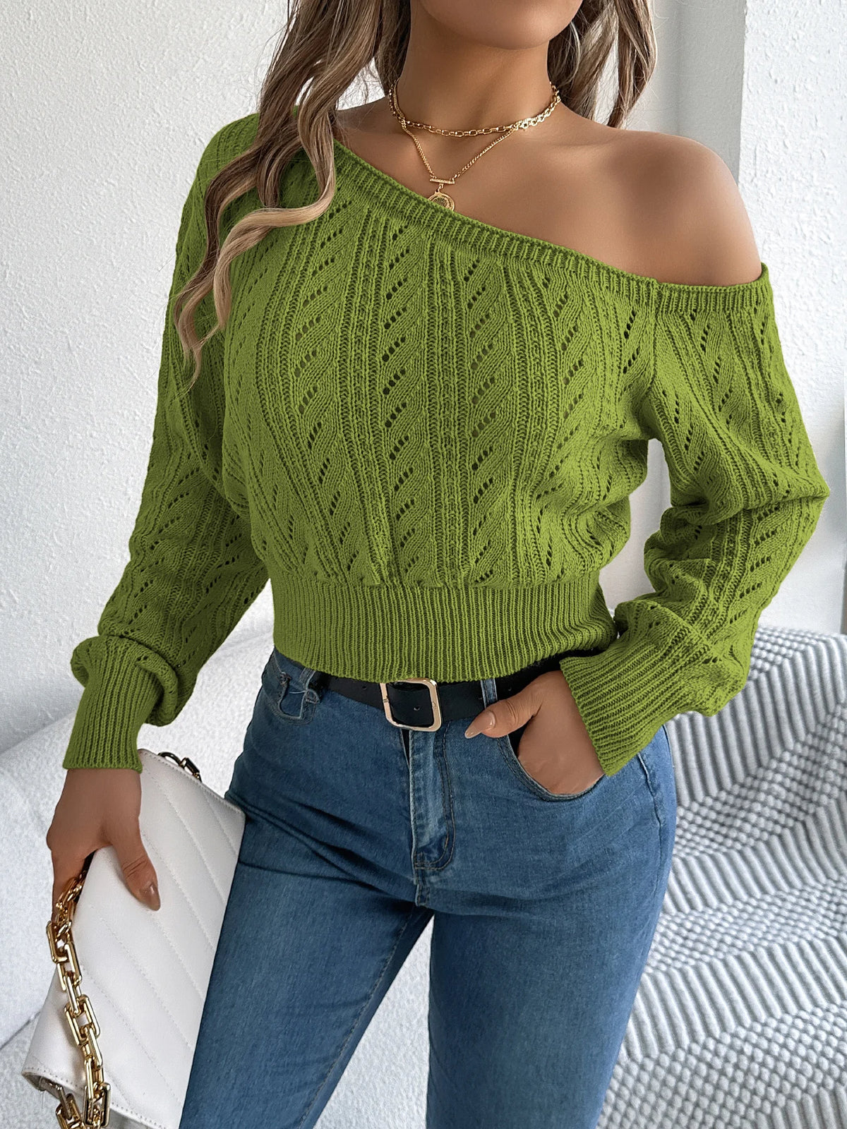 Autumn Winter Casual Elegant Slash Neck Off Shoulder Long Sleeved Knitted Pullover Sweater for Women