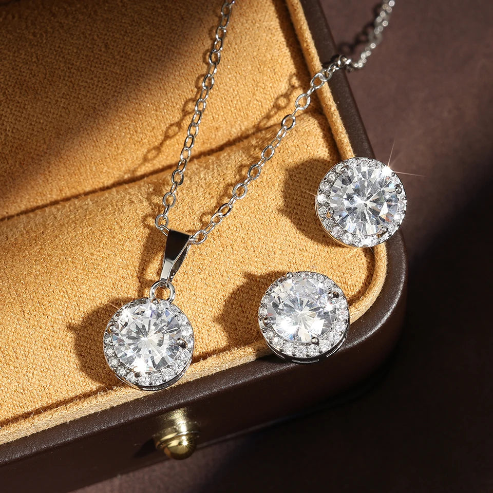 ZAKOL Exquisite Shiny Zircon Water Drop Round Earring Necklaces for Women Romantic Wedding Engagement Jewelry Set With Gift Box