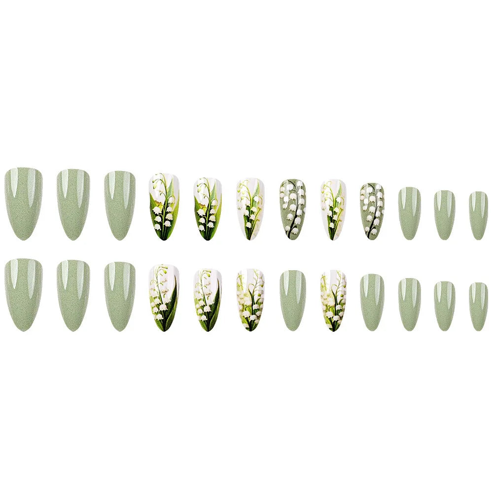 Medium fake nails for women girl green flrora blue black butterfly heart design Almond nail tips full cover press on false nail