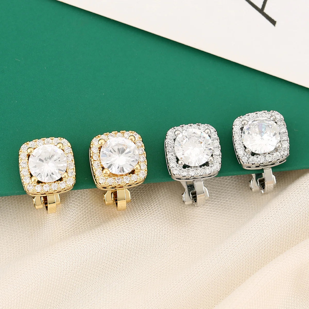 ZAKOL 6 Styles Sliver/Gold Color Shiny Cubic Zirconia Copper Ear Clips Geometric Square Heart Round CZ Stud Ear Accessories