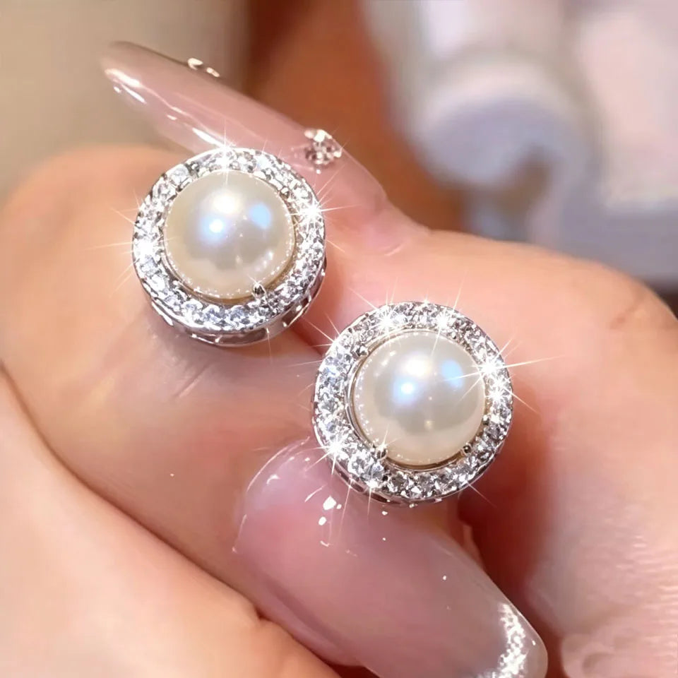 ZAKOL Delicate Light Blue CZ Stud Earrings Geometric Oval Zircon Imitation Pearl Earring for Women Fashion Jewelry Gifts