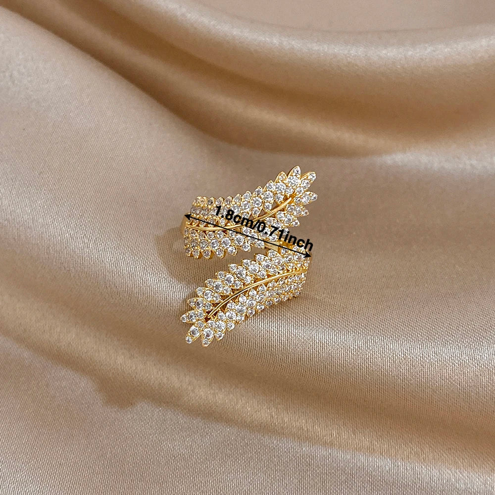 Luxury Elegant Golden Sparkling Micro Zirconia Double Leaf Rings Statement Copper Alloy Jewelry Stackable Valentine's Day Gift