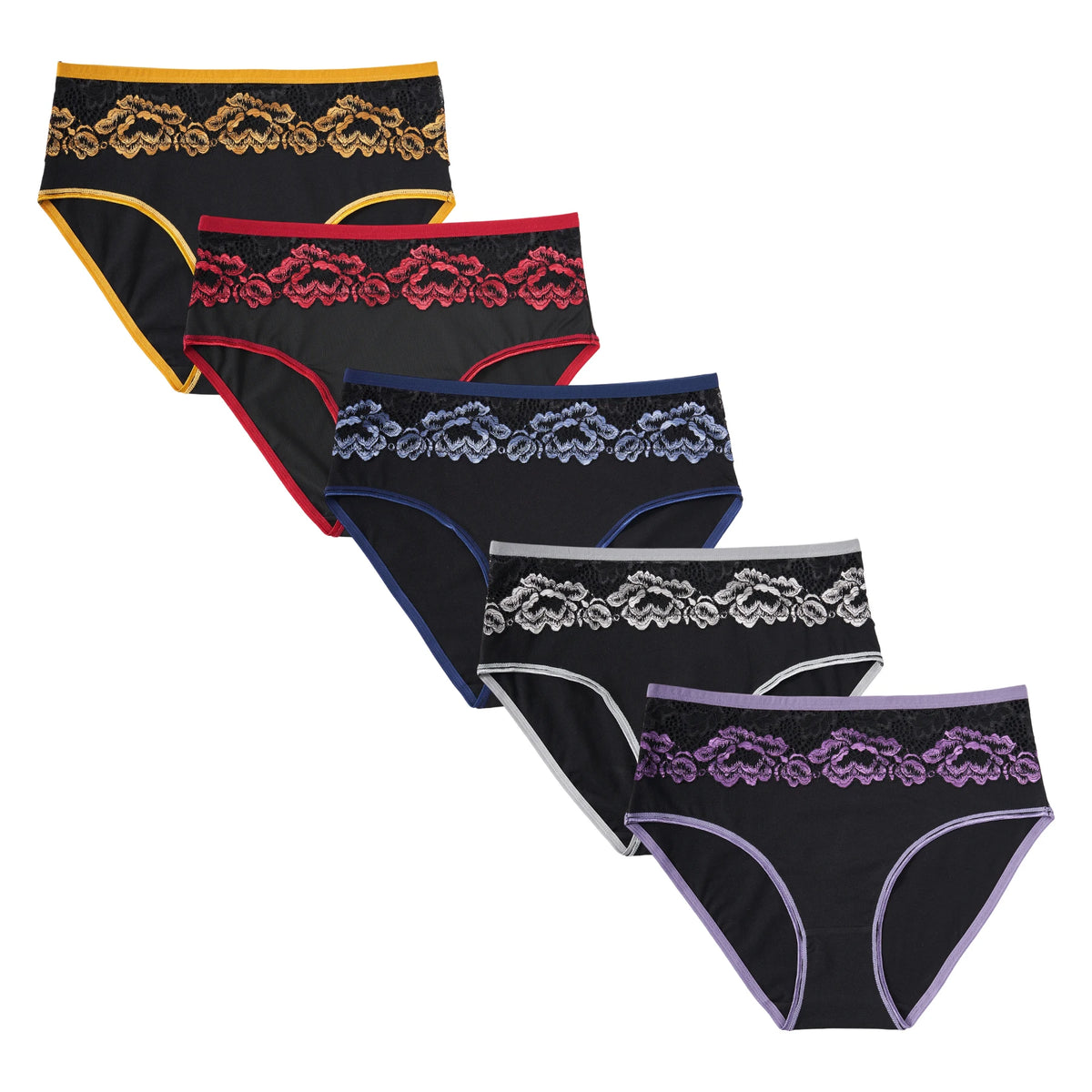 5 Pack Women's Lace Floral Underwear High Rise Soft Comfy Briefs Contrast Color Trim Panties Breathable Ladies Daily Lingerie