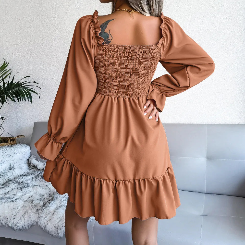 Spring Summer Casual Solid Color Square Neck Flared Long Sleeve Ruffled Dress Red Orange Green Black 2026 Fashion Woman Clothing
