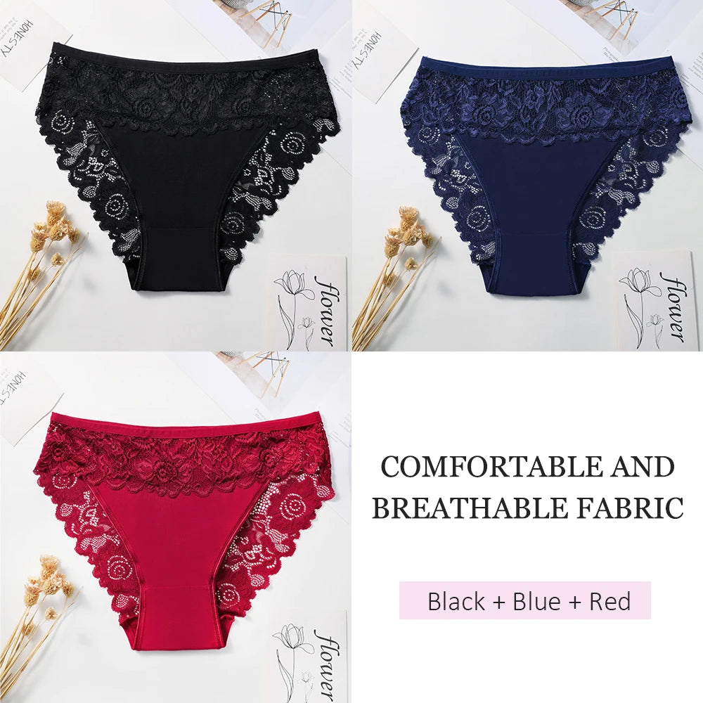 3PCS Women's Panties Sexy Hollow Out Flower Lace Cotton Splicing Briefs Comfort Lingerie Breathable Underpants Daily Wear