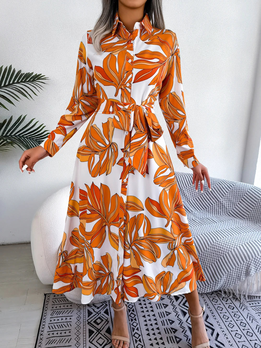 Women Casual Floral Print Long Sleeve Maxi Shirt Dress for Spring Autumn 2026 Elegant Contrast Color Lapel Buttons Long Dresses