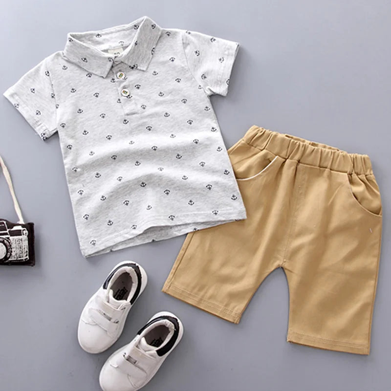 2PCS Baby Set Cute Kids Boys Clothes Summer Random Print Boat Anchor Pattern Short Sleeve Shorts Set For 1-5Years
