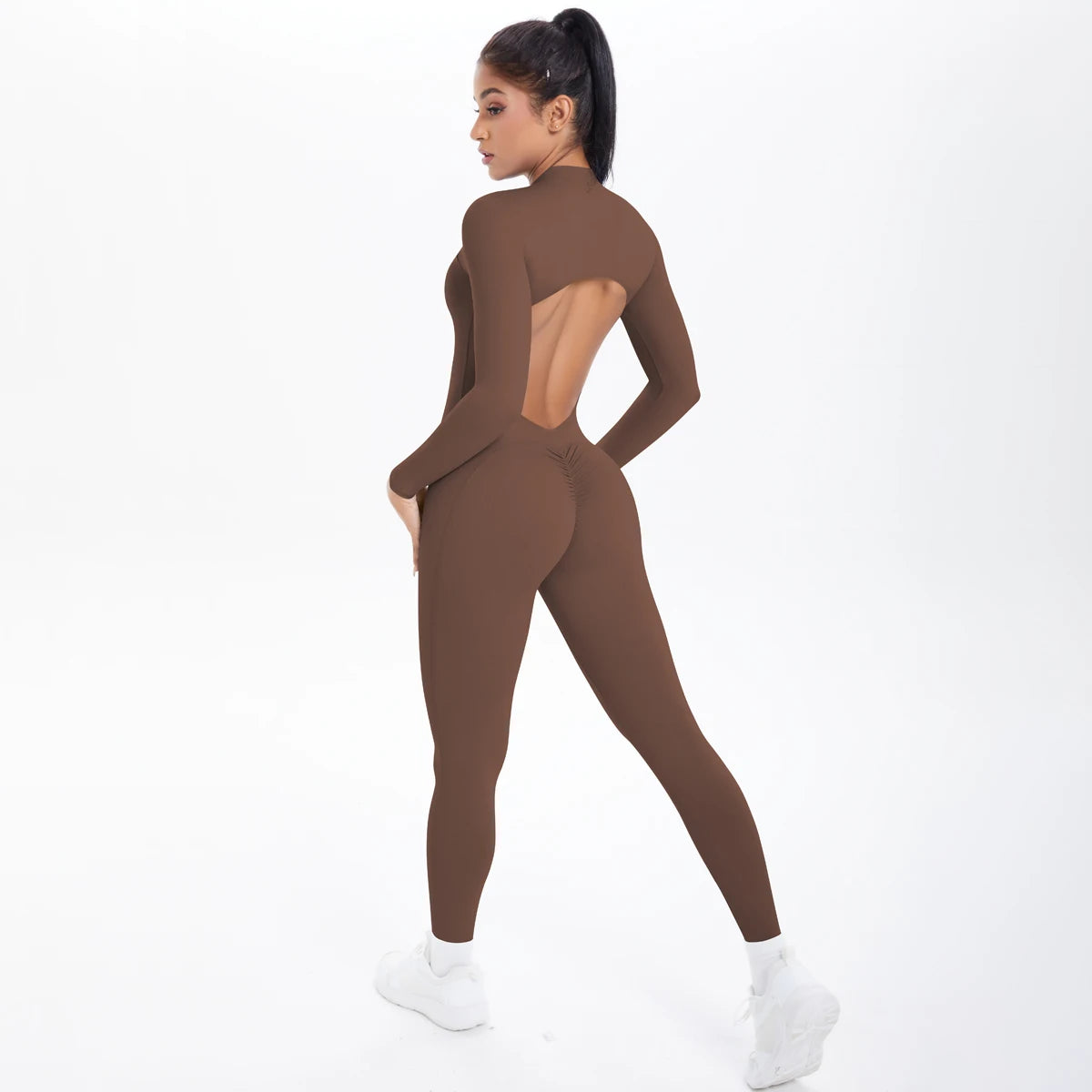 Solid Color Backless Yoga Bodysuits Women's Sportswear Stretch Bodysuit For Women Long Sleeves Jumpsuits Push Up Half Zipper Set
