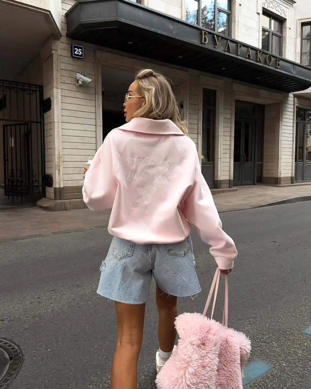 Women's Fashion Pink Pullovers Casual Long Sleeve Loose Half Zip Letter Embroidery Top Autumn Winter Vintage Female Streetwear