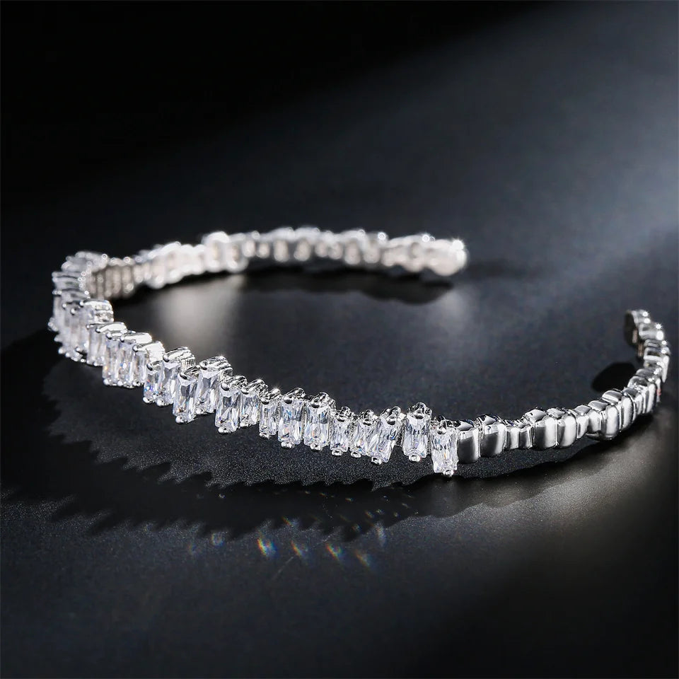 ZAKOL Fashion Cubic Zirconia Cuff Bangles for Women Trendy Baguette Men Open Bracelet Party Jewelry B154