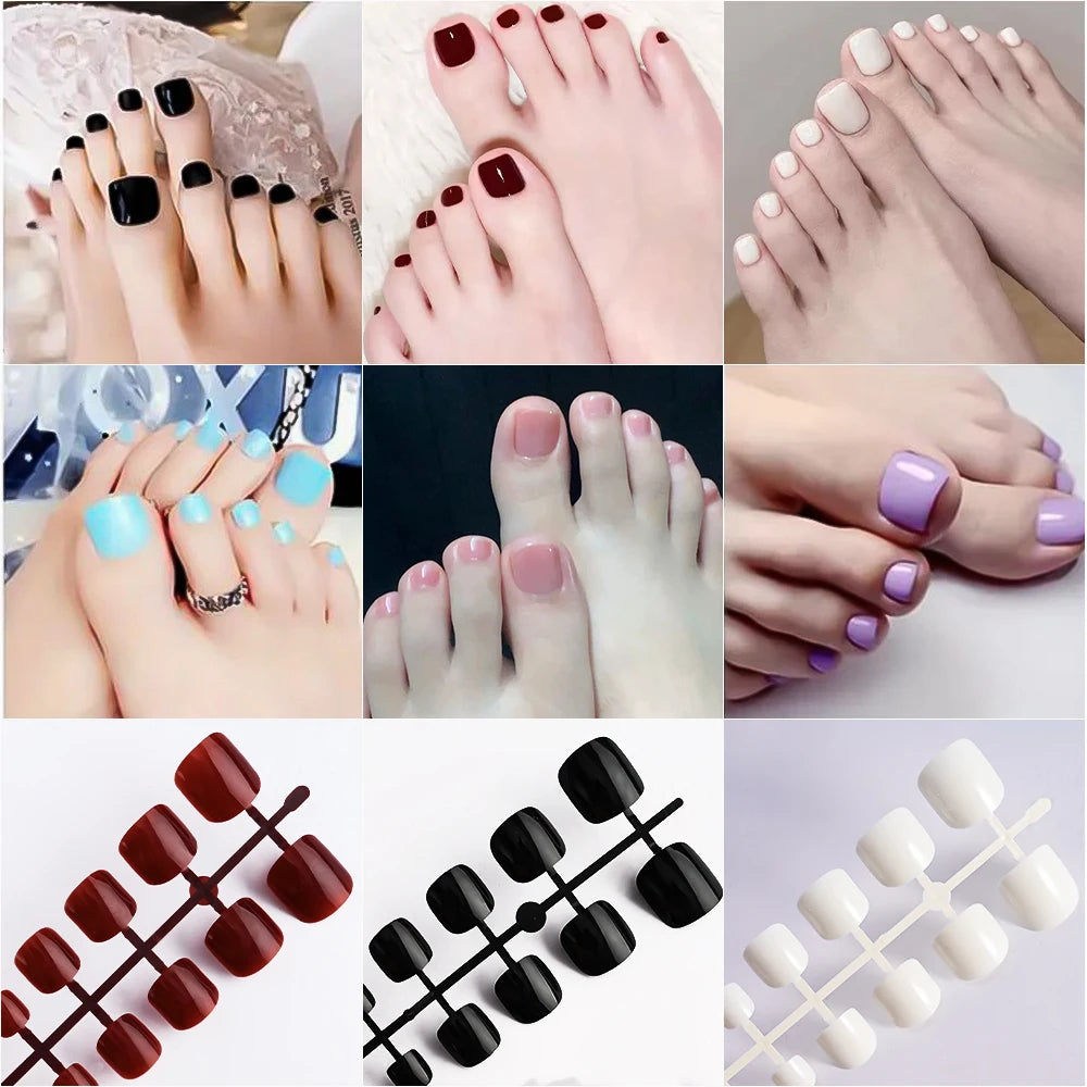 144/120Pcs Mixed Short Square False Toenails Acrylic Full Cover False Toe Nails Foot Nail Tips Extension Women Press on Toenails