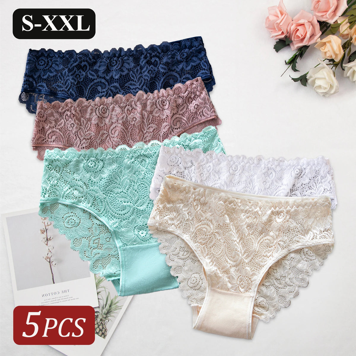 5PCS Romantic Sexy Women's Panties Hollow Out Lace Floral Underwear Breathable Solid Color Mid-Rise Briefs Cotton Lingerie Hot