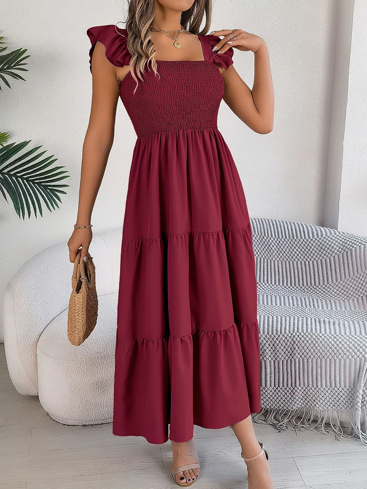 Spring Summer Solid Color Edible Tree Fungus Edge Square Neck Sleeveless Holiday Dress Elegant Long Dresses for Women Rose Blue