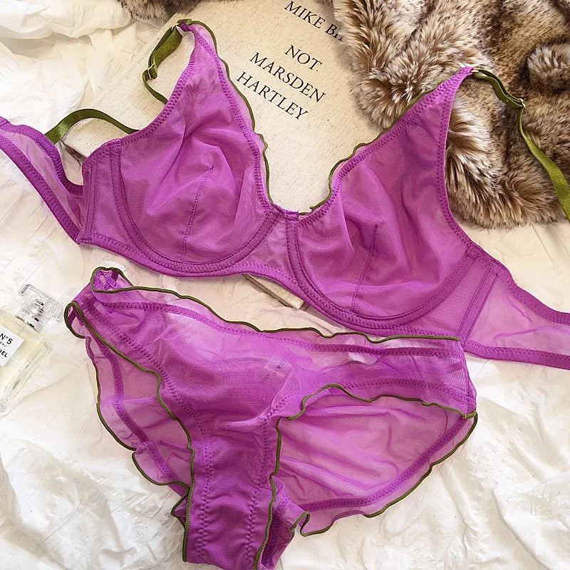 Minimizer Bra Plus Size Underwire French Style Triangle Cup Push Up Mesh Sensual Lingerie Set Support 32-40 MOYISU Bra Set S-2XL