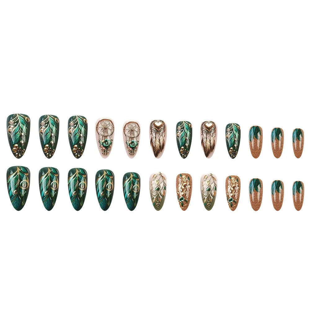24pcs/set Medium long fake nails yellow dragon flowers feather design for Spring summer Square almond tips press on false nail