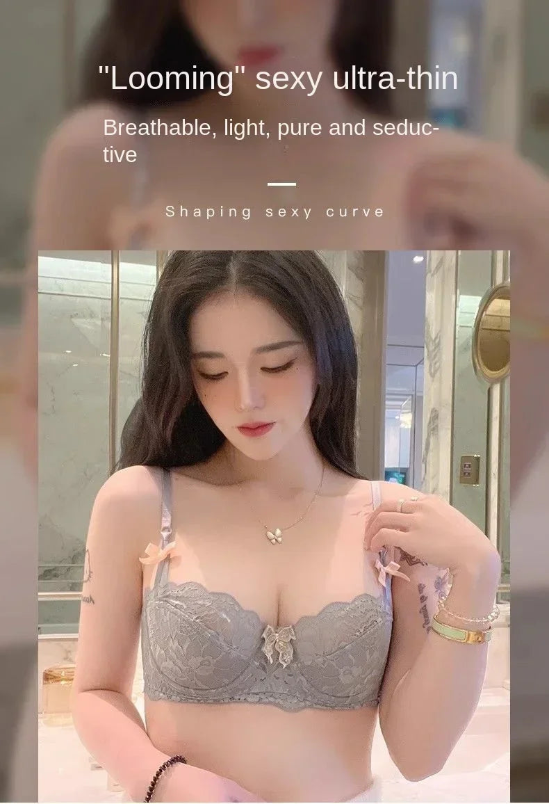 MOYISU 1/2 Ear AB Cup Pure Desire Girl Bra Set | Pull-up Bra Set With Bow Breathable French Lace Bra | Anti-Slip Cup Date Night