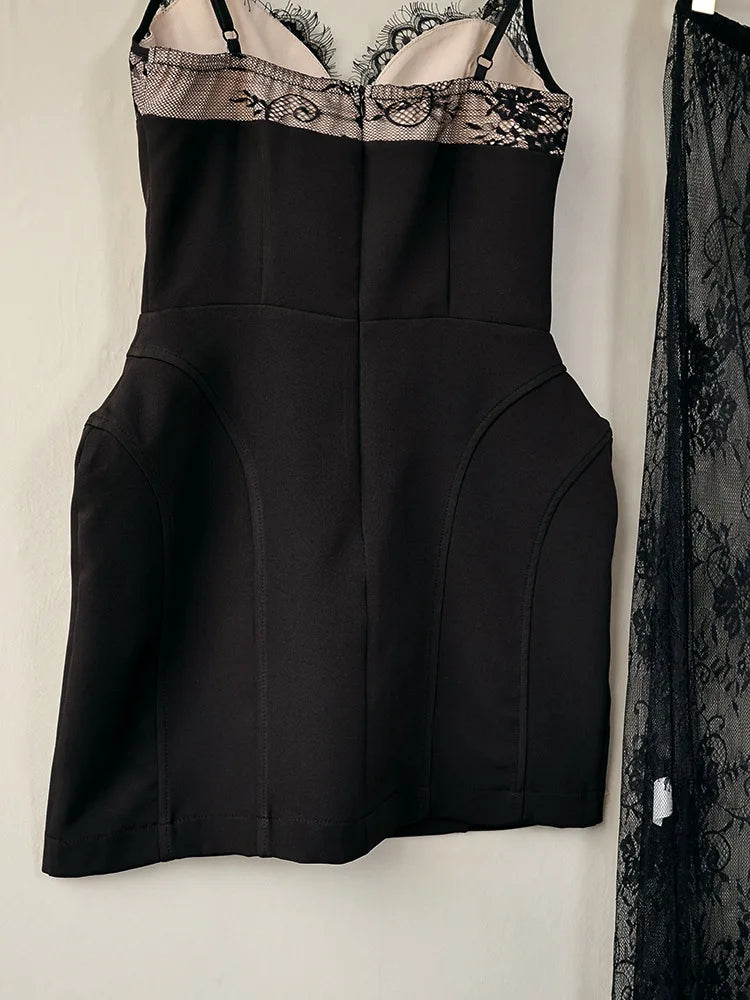 BKLD Two Piece Outfits Women 2026 Summer Vintage Black Sexy Strappy Dress And Lace Sheer Long Skirts Casual Sets Party Clubwear
