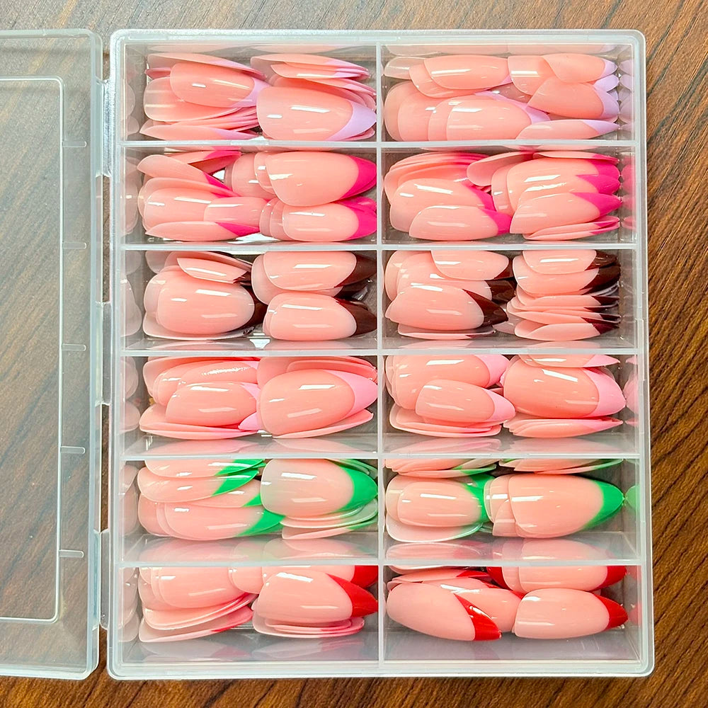 288Pcs Red Pink Medium Almond French False Nails Black White Oval Full Cover Fake Nails Tips Extension Wearable Press on Nails