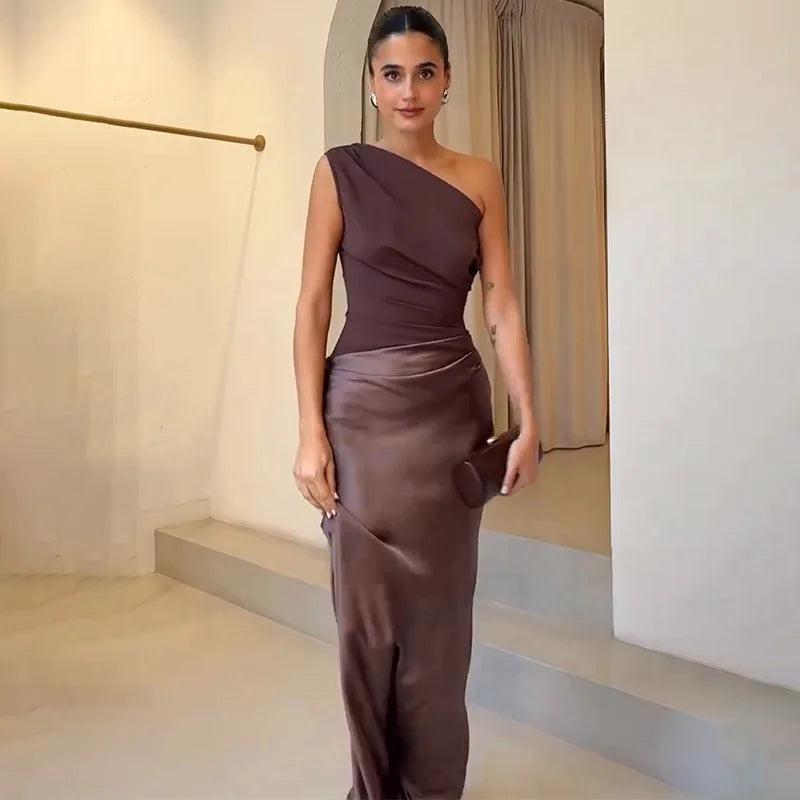Elegant One-Shoulder Patchwork Satin Party Dress for Women Irregular Neck Slim Sleeveless Dresses Female Evening Gowns Clubwear