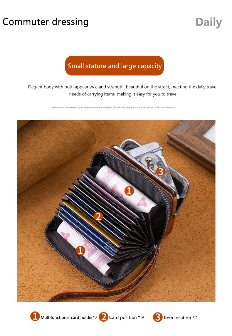 Women's Wallet Fashionableand Minimalist Wrist Strap Short Zero Wallet RetroVersatile LargeCapacity Multi Card Pocket Money Clip