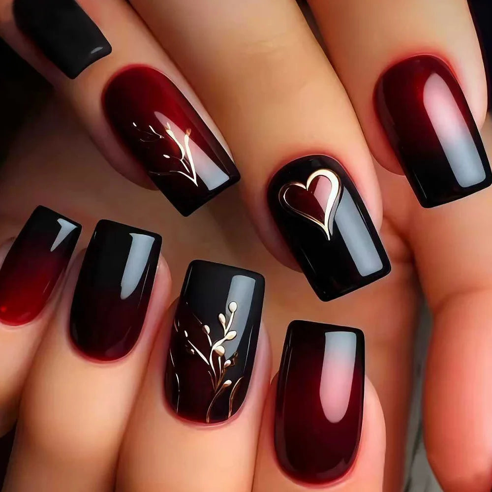 24PCS Gothic False Nails Dark Red Vine Pattern Medium Coffin Press on Nail Sticker Sweet Cool Glossy French Fake Nail Spice Girl
