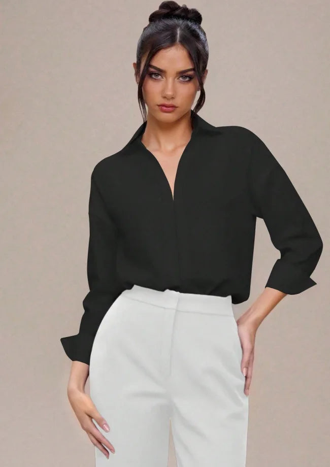 Women Shirt Bodysuit Oversized Boyfriend Half Sleeve Blouse Deep V Collar Bodysuit Shirts Elegant Office Lady Jumpsuit Top