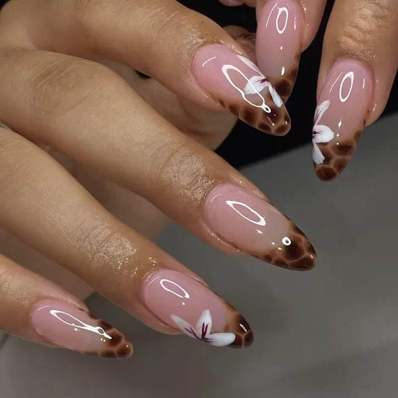 24Pcs Brown Leopard Print Pattern False Nails Press on Long Stiletto Acrylic Manicure Detachable Spice Cool Nails Set for Women