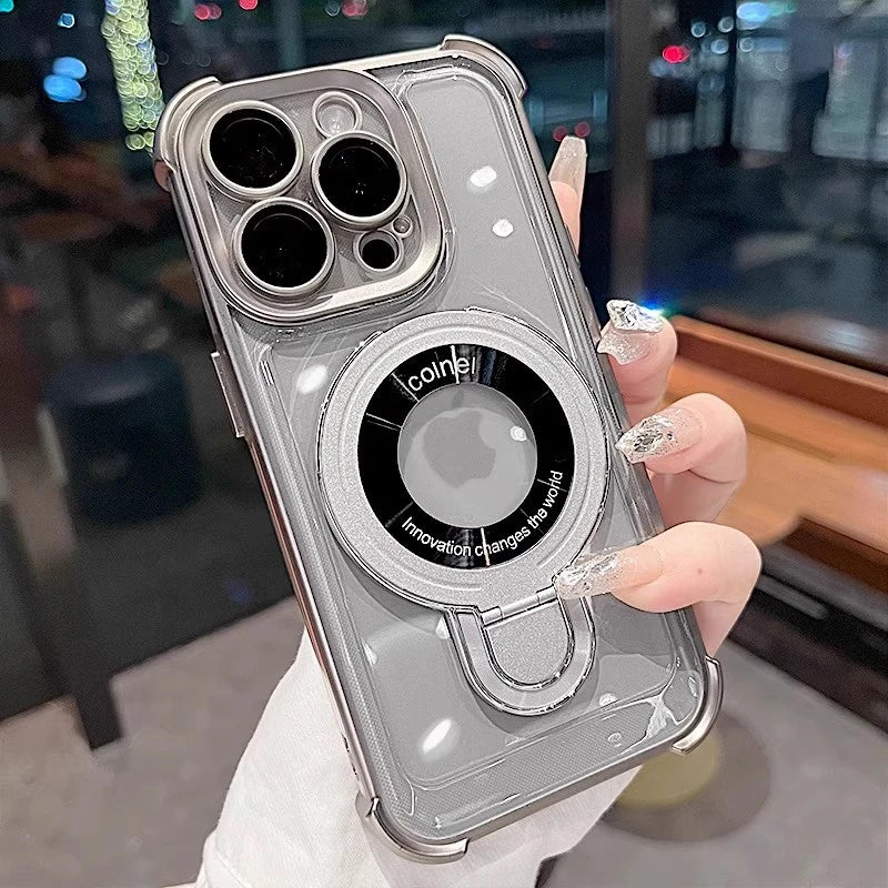 Luxury Plating Magnetic Bracket for Magsafe Clear Case for iPhone 17 16 15 Pro Max 11 12 13 14 Holder Stand Shockproof Cover
