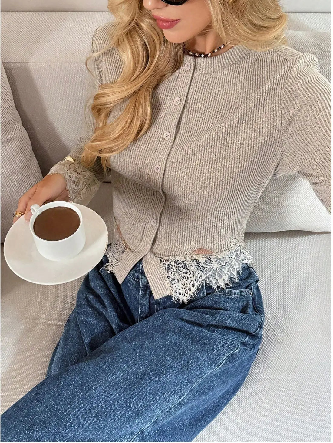 Women's Lace Patchwork Knitted Cardigan Casual O-Neck Hollow Out Long Sleeve Slim Fit Sweaters New Female Spring Autumn Knitwear