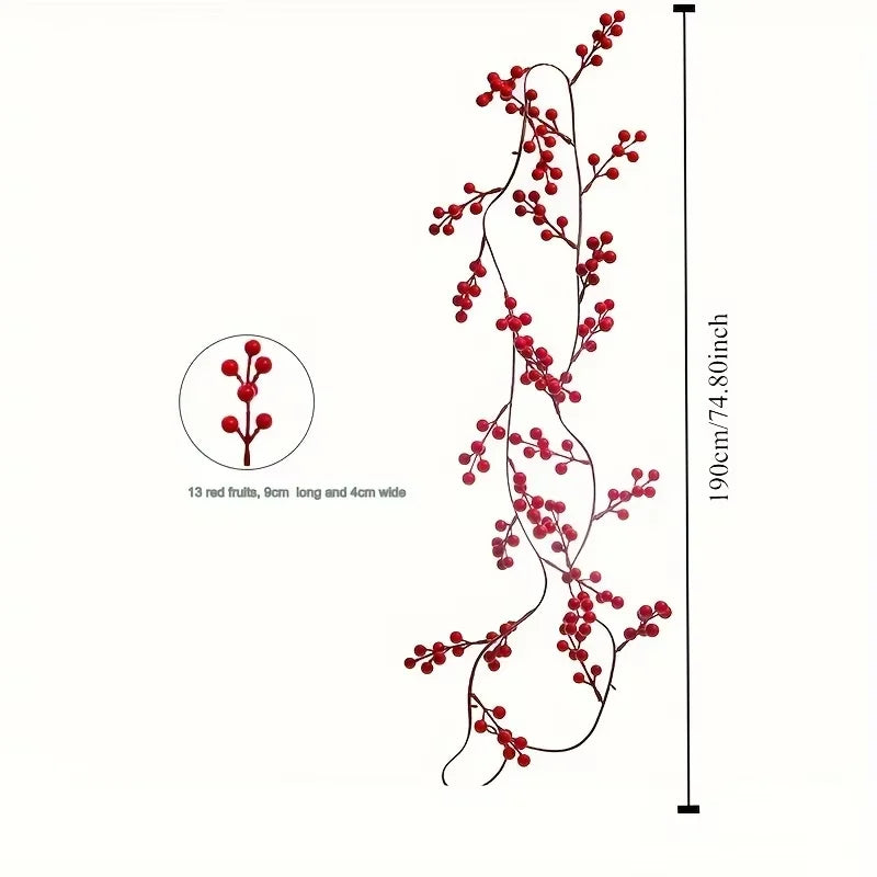 190CM Long Bendable Artificial Red Berry Garland, Faux Red Berries Vine, Christmas Front Porch,Wall,Fireplace Holiday Decoration