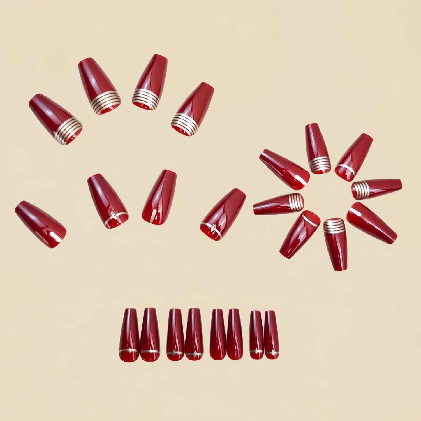 Medium long fake nails for women gilrs wine red colors with strips print almond ballet shape full cover press on false nail art