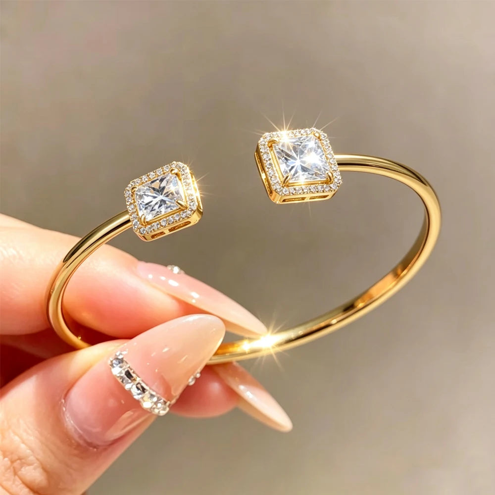 ZAKOL 4pcs Golden Bracelets Set Geometric Square Crystal Zirconia Inlaid Copper Stainless Steel Stackable Bangles Luxury Jewelry
