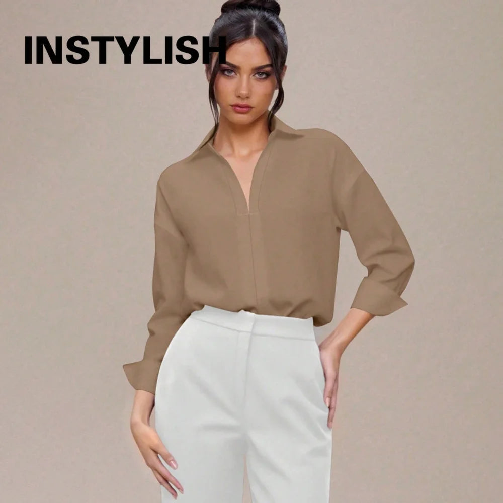 Women Shirt Bodysuit Oversized Boyfriend Half Sleeve Blouse Deep V Collar Bodysuit Shirts Elegant Office Lady Jumpsuit Top
