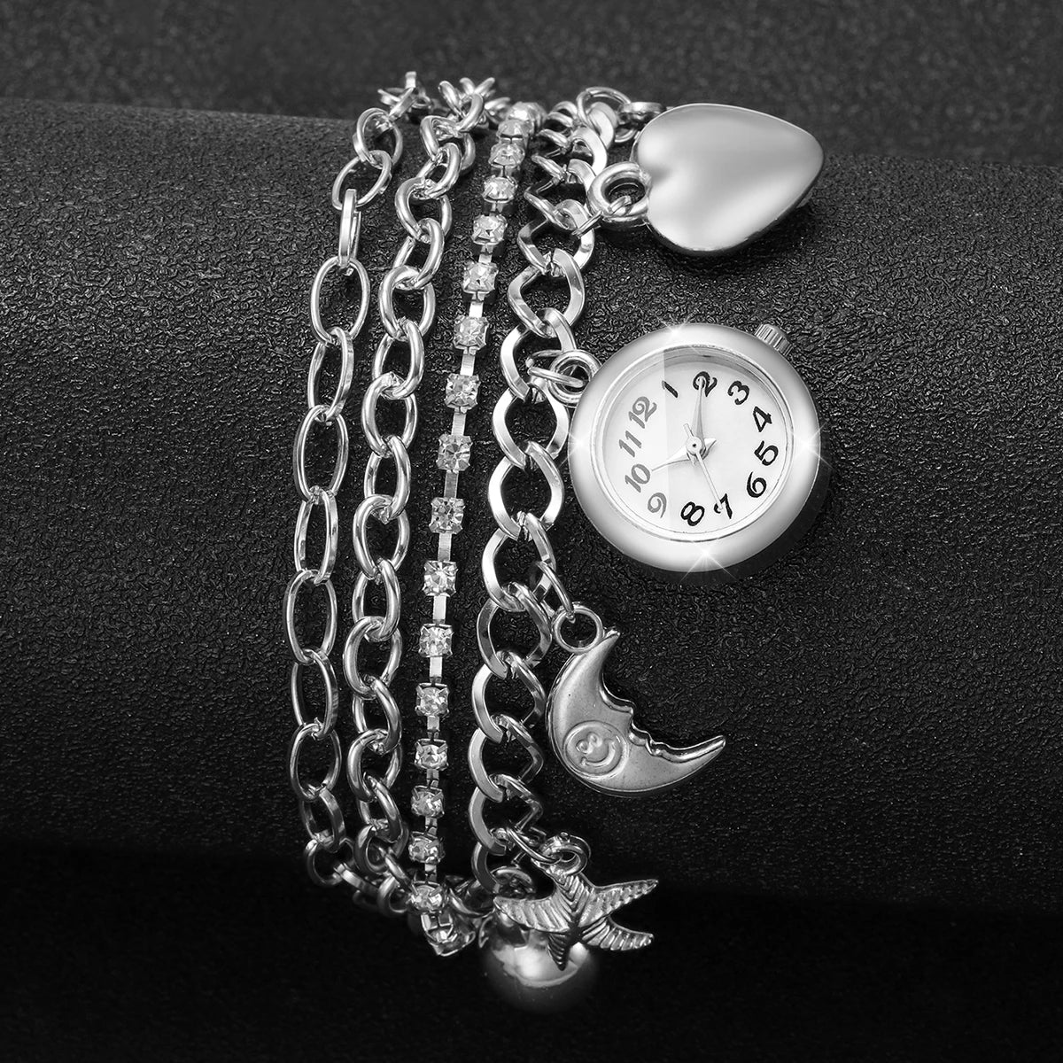 Luxury Women Silver Quartz Watch Moon Heart Charm Rhinestone Multi‑Layer Bracelets Ladies Watches Relogio Feminino（Without Box）
