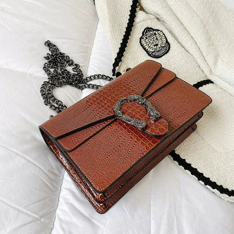 Women's Crocodile Embossed Square Shoulder Bag – Elegant & Trendy for Daily Use | حقيبة كتف نسائية بنقشة جلد التمساح – أنيقة وعصرية للاستخدام اليومي