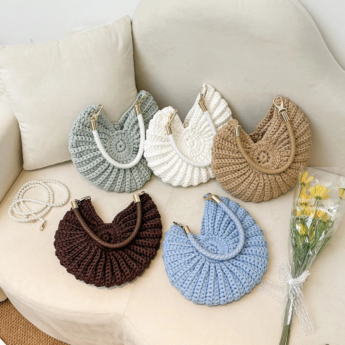 Handcrafted Shell Shaped Crossbody Bag Women's Beach Style Handbag City Simple Cotton Liner Soft round Shape Double Shoulder ...