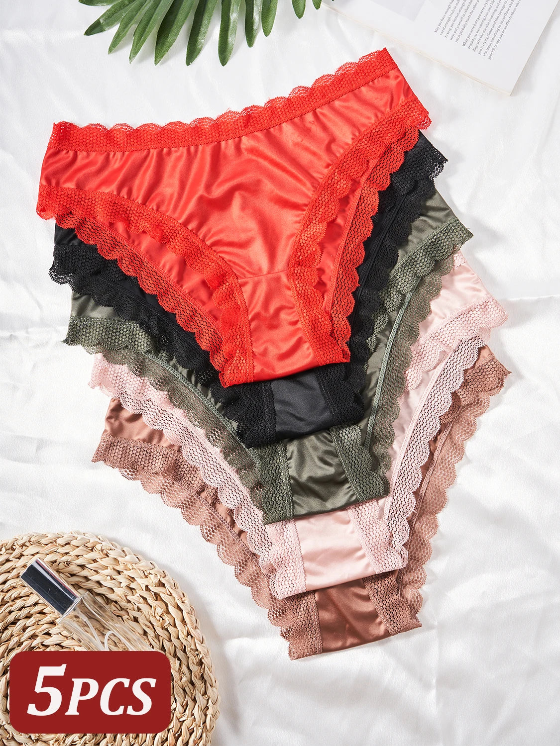5PCS Women's Underwear Solid Color Seamless Satin Panties Simple Lace Trimmed Briefs Comfortable Female Lingerie Everyday