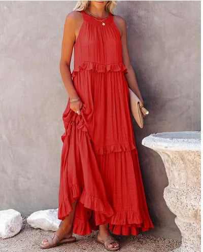 New Arrival Summer Vacation Halter Neck Long Dress – Backless Lace-Up Beach Style