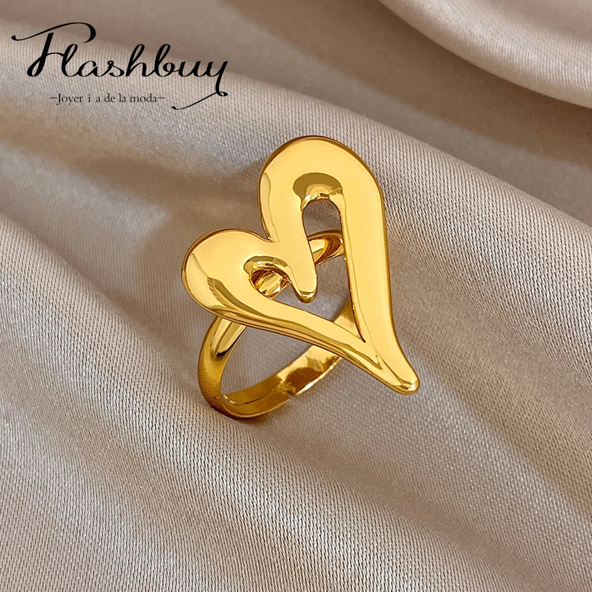 Flashbuy Trendy Gold Color Asymmetric Hollow Heart Stainless Steel Ring For Women Statement Fashion Jewelry Valentine's Day Gift