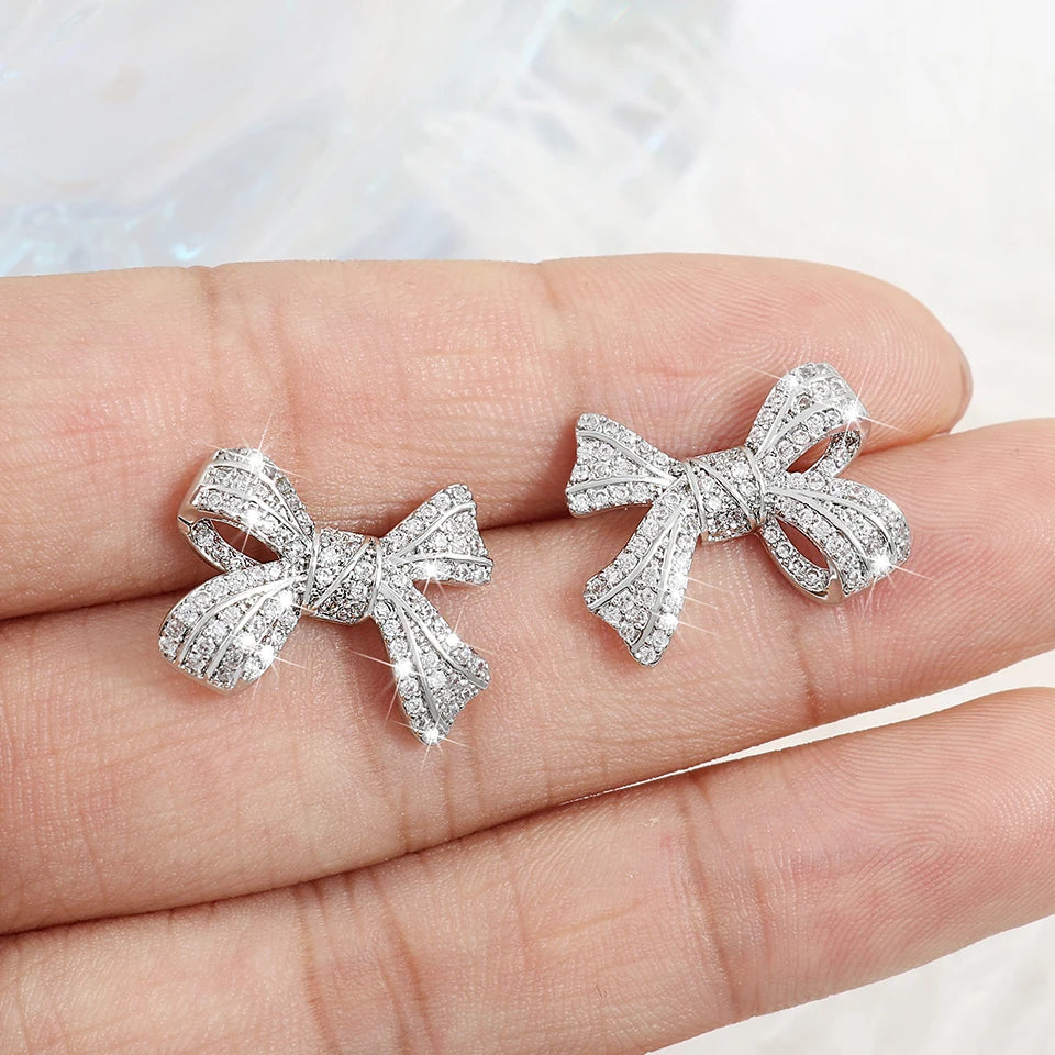 ZAKOL New Brilliant Micropaved Zirconia Bowknot Earrings Delicate Sliver Color Ear Accessories Gift for Women