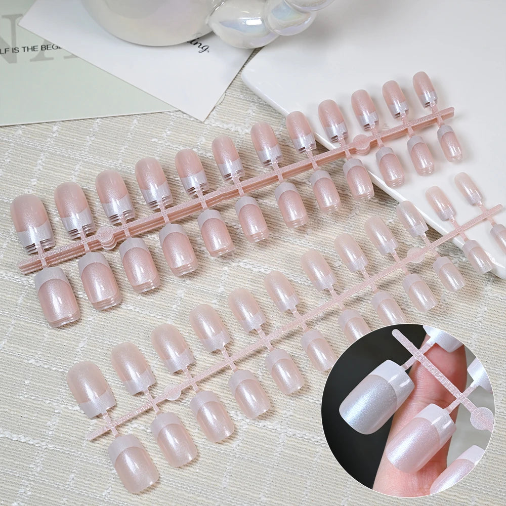 120Pcs French Pearlescent Short Square False Nails Acrylic Full Cover Artificial Press On Nails Glossy Fake Nails Extension