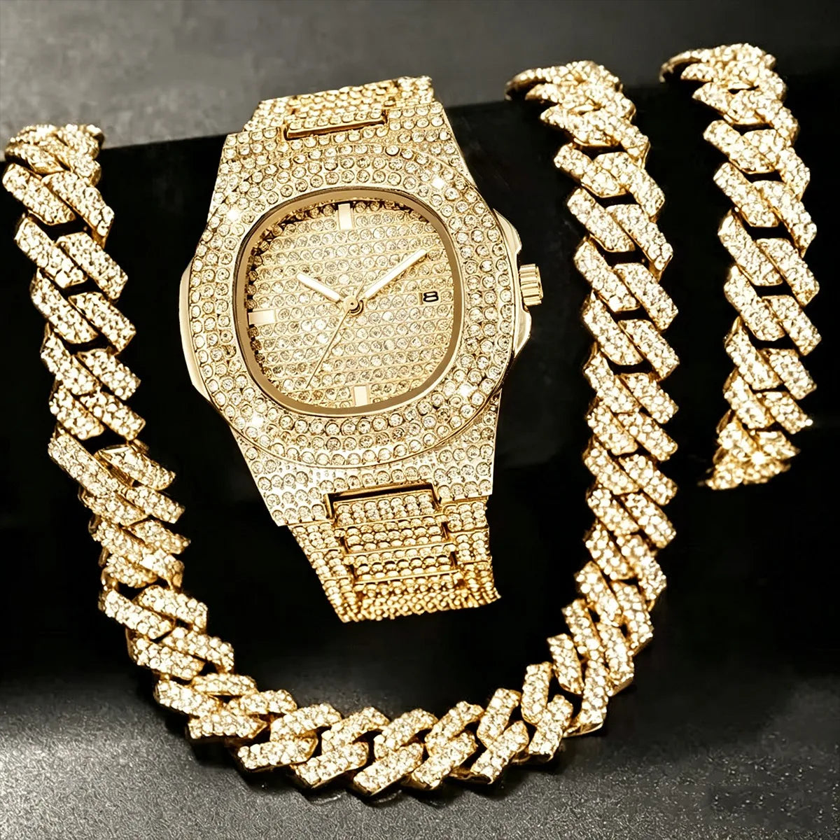 3PCS Iced Out Full Diamond Men Watch Cuban Chain Necklace Bracelet Set Hip Hop Quartz Wristwatch Accessories Relogio Masculino