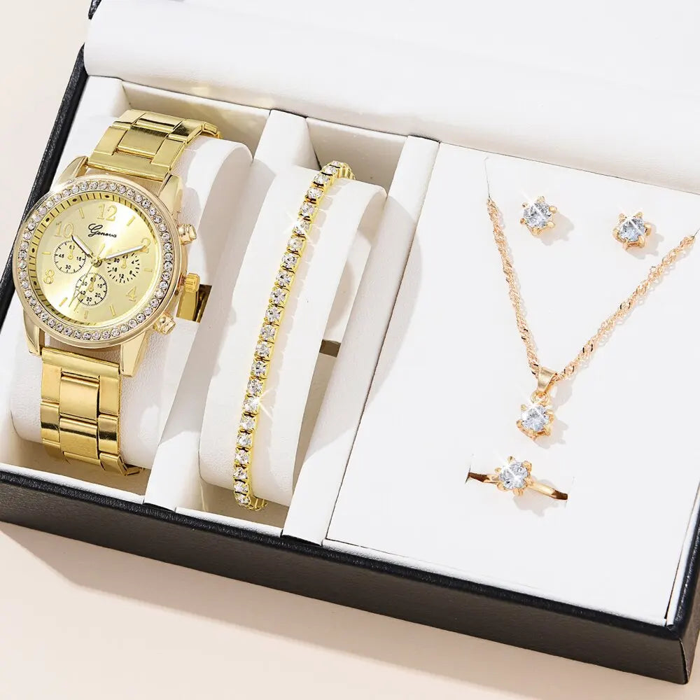 5PCS Quartz Watch Set Women Fashion Silver Round 3 Eyes Alloy Strap Wristwatch Gift Rhinestone Watch For Women Jewelry Set