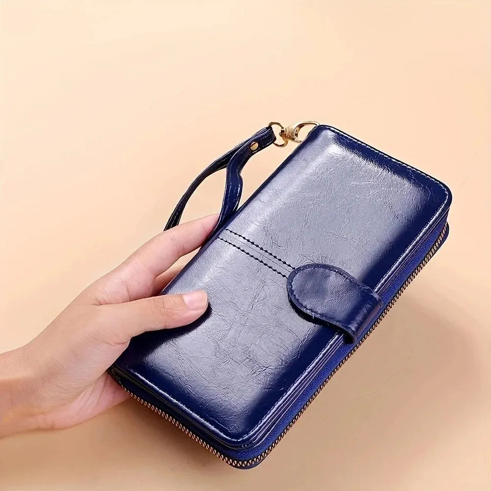 Vintage Oil Wax PU Leather Clutch Wallet for Women Large Capacity Phone Purse with Wrist Strap Simple Card Holder Pouch Bag