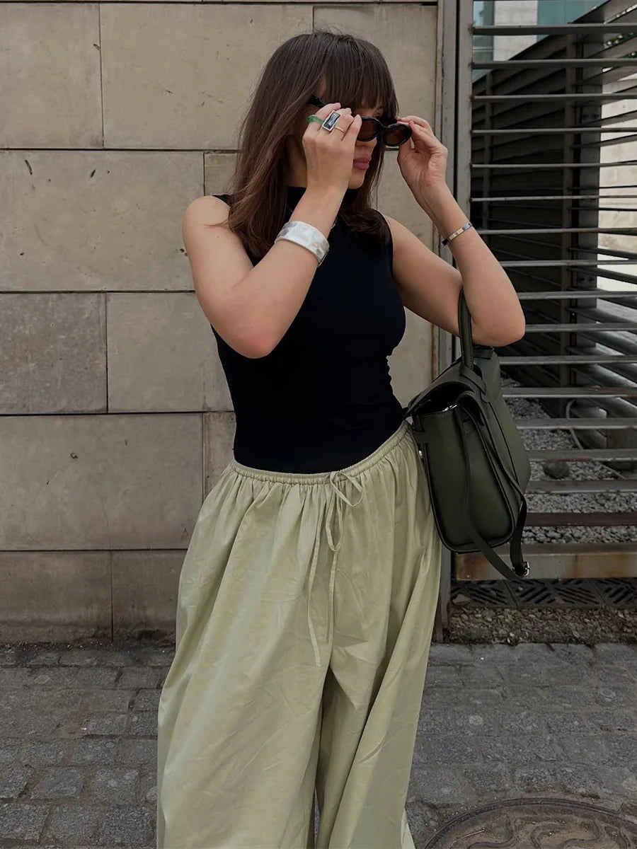 Y2k Fashion Pocket Bloomers Female Trousers Wide Leg Women Pants Pleated Loose High Waist Patchwork Bandage Streetwear