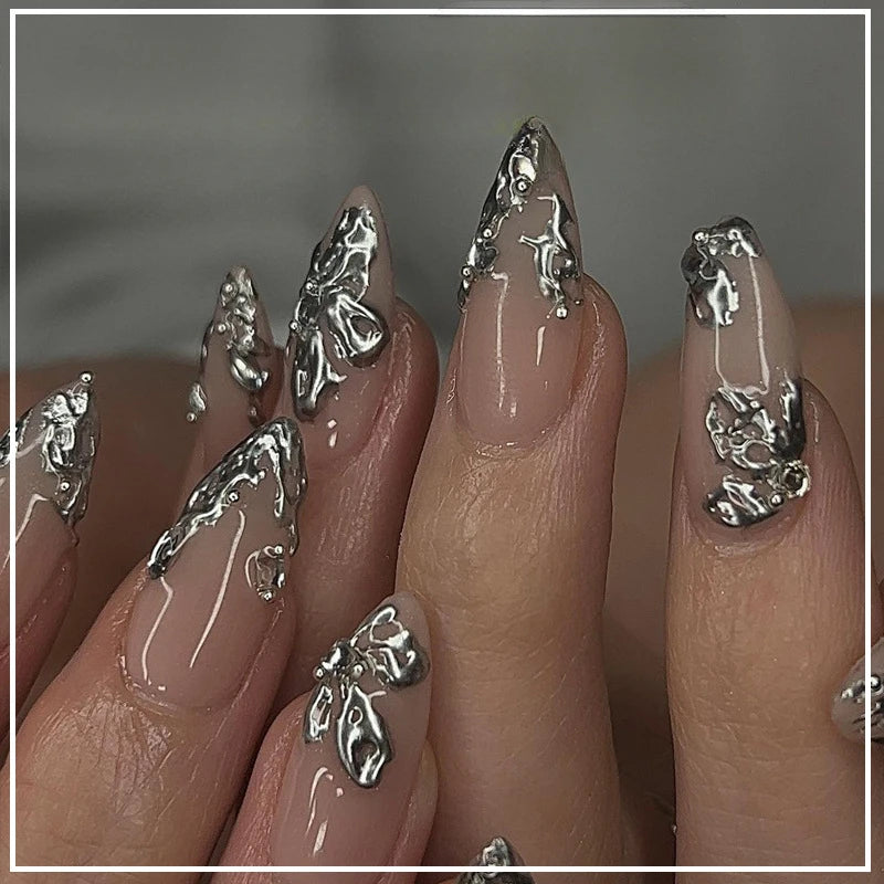 24Pcs Y2k Almond Acrylic Nails Full Cover 3D Diamond Black Nail Art Sweet Cool French Wearable Fake Nail Manicure Tips for Girls